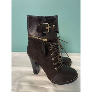 Italina Brown Suede Ankle Boots Gold Zipper‎ and Buckle Size 7.5M